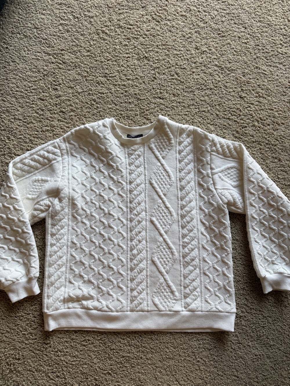 Zara White Ribbed Crewneck Sweater Top with Black Label